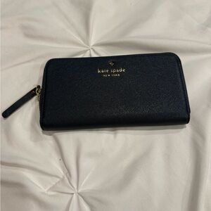 kate spade Black Saffiano Zip Wallet with Gold Logo